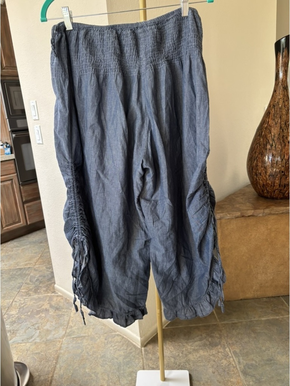Free Size Chambray Blue Cotton Ruched Ruffle Balloon Pants